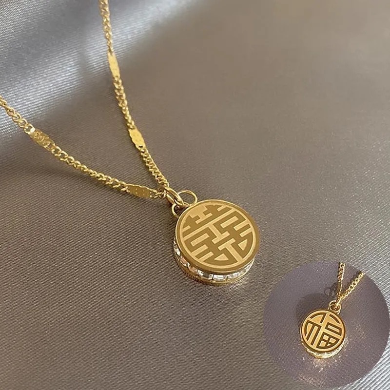 Dây chuyền titan nữ KHÔNG GỈ vòng cổ vàng mạ 18k mặt chữ phúc phong cách retro cổ điển sang trọng trang sức titan cao cấp