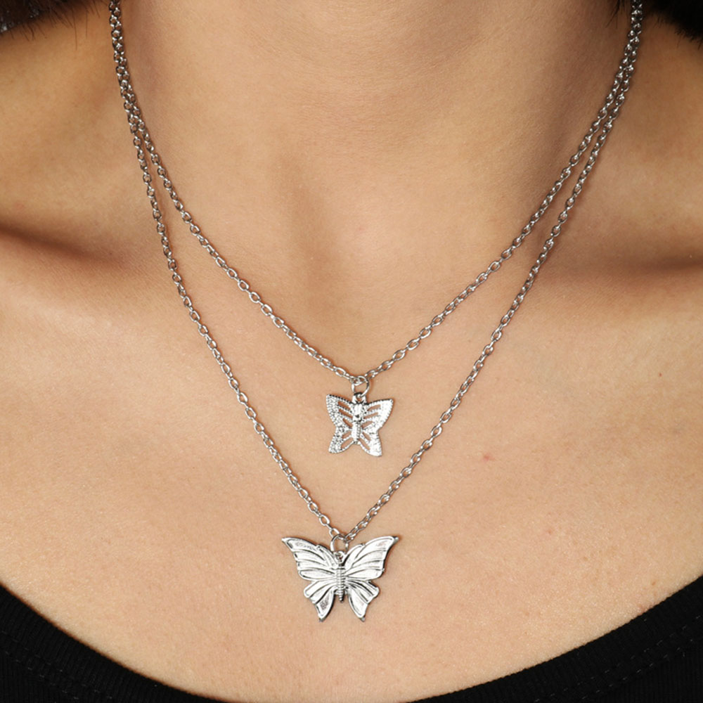Cod In Stock New Fashionable Gold and Silver Size Two Butterfly Classic Double Chain Necklace