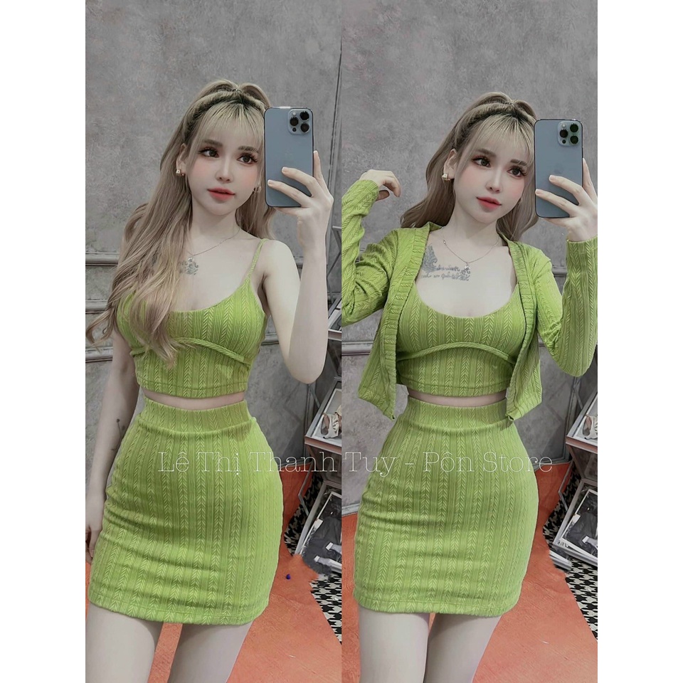 (FreeShip)Sét thiết kế 3 món 1 áo dây croptop kèm khoát mix chân váy ôm siêu xinh,chất len ren y mẫu hàng chuẩn shop