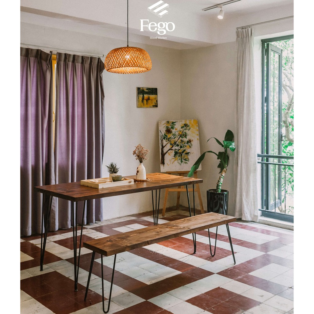 Bộ bàn ăn gia đình gỗ tự nhiên FEGO phong cách Châu Âu dùng trong nhà, ngoài trời 140x70cm
