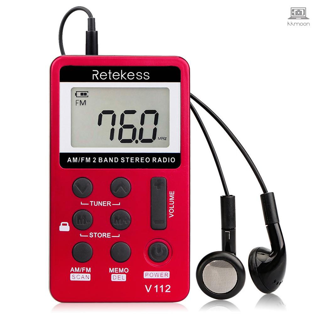 Retekess V-112 Portable AM/ FM Stereo Radio Pocket 2 Band Digital Tuning Radio Mini Receiver Outdoor Radio w/ Earphone Lanyard 1.5 Inch LCD Display Screen 500mAh Battery