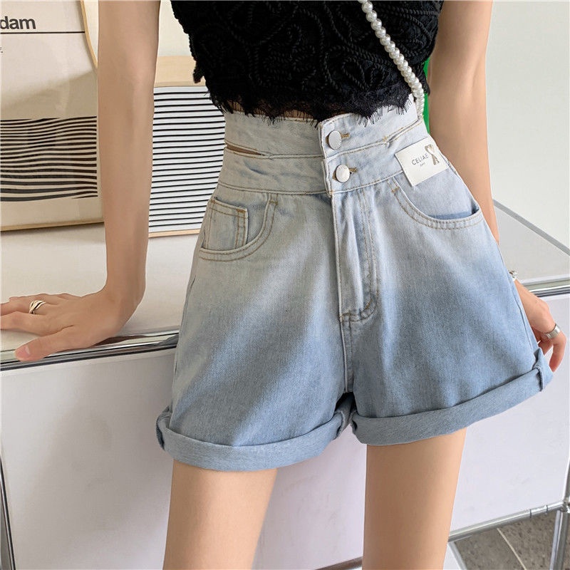 Quần Short Jeans Lưng Cao Ống Rộng Màu Gradient Thời Trang Cho Nữ