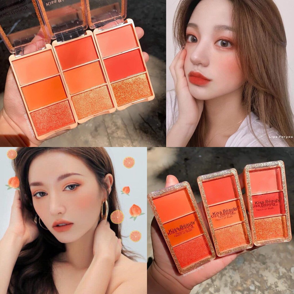 Má hồng 3 ô Kiss Beauty Peach Of Blush màu sắc trẻ trung, năng động, nhỏ gọn nội địa Trung | BigBuy360 - bigbuy360.vn