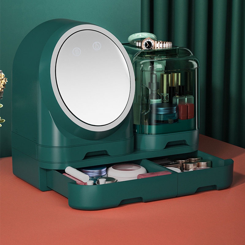 Tủ đựng đồ trang điểm có đèn led có quạt đổi màu, gương xoay 360 độ tủ đựng đồ mỹ phẩm cao cấp tiện lợi NPR19