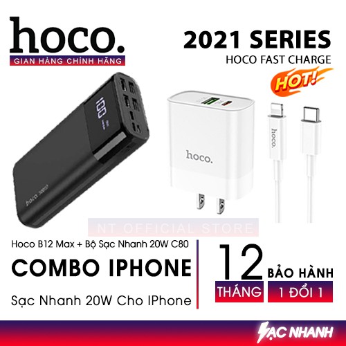 Combo Bộ Sạc Nhanh IPhone 20W C80 Kèm Cáp Type C To Lightning 3A Và Pin Sạc Dự Phòng Hoco B12 Max 30000mAh 5V - 5A