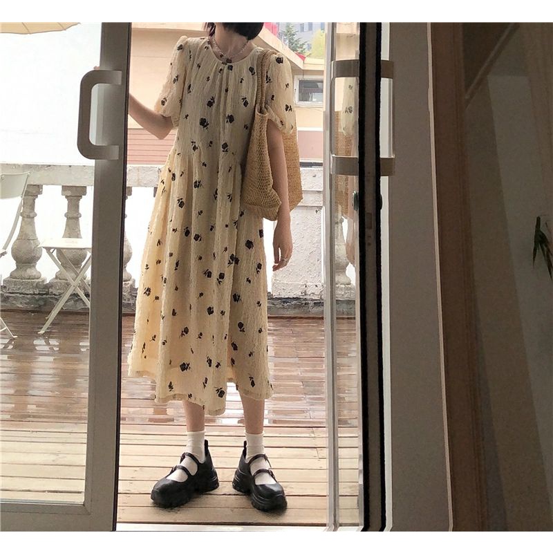 VÁY BABYDOLL HOA NHÍ TAY PHỒNG / ĐẦM DÁNG SUÔNG MÀU BE VINTAGE