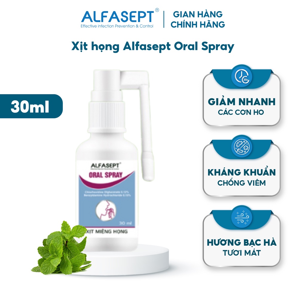 Xịt họng Alfasept Oral Spray 30ml - Giảm ho, giảm đau rát họng, viêm họng họng, viêm răng lợi