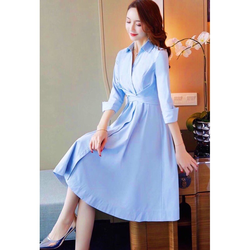 Đầm Váy Xanh Cột Chéo Eo