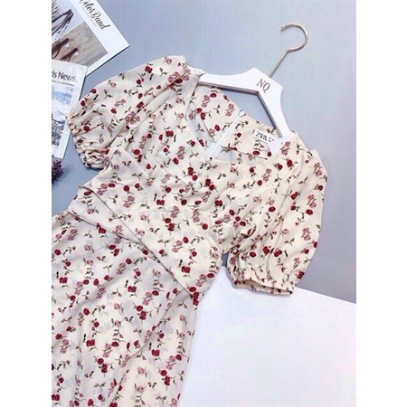 (Sale FreeShip) Đầm hoa nhí dáng xòe,đầm nữ cổ vuông tay phồng xoắn eo tạo điểm nhấn,chất đẹp diện đi đâu cũng xinh