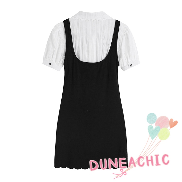 DUNEA Đầm Tay Ngắn Cổ Polo Xếp Ly Phối Dây Thắt Nơ Xinh Xắn Cho Nữ