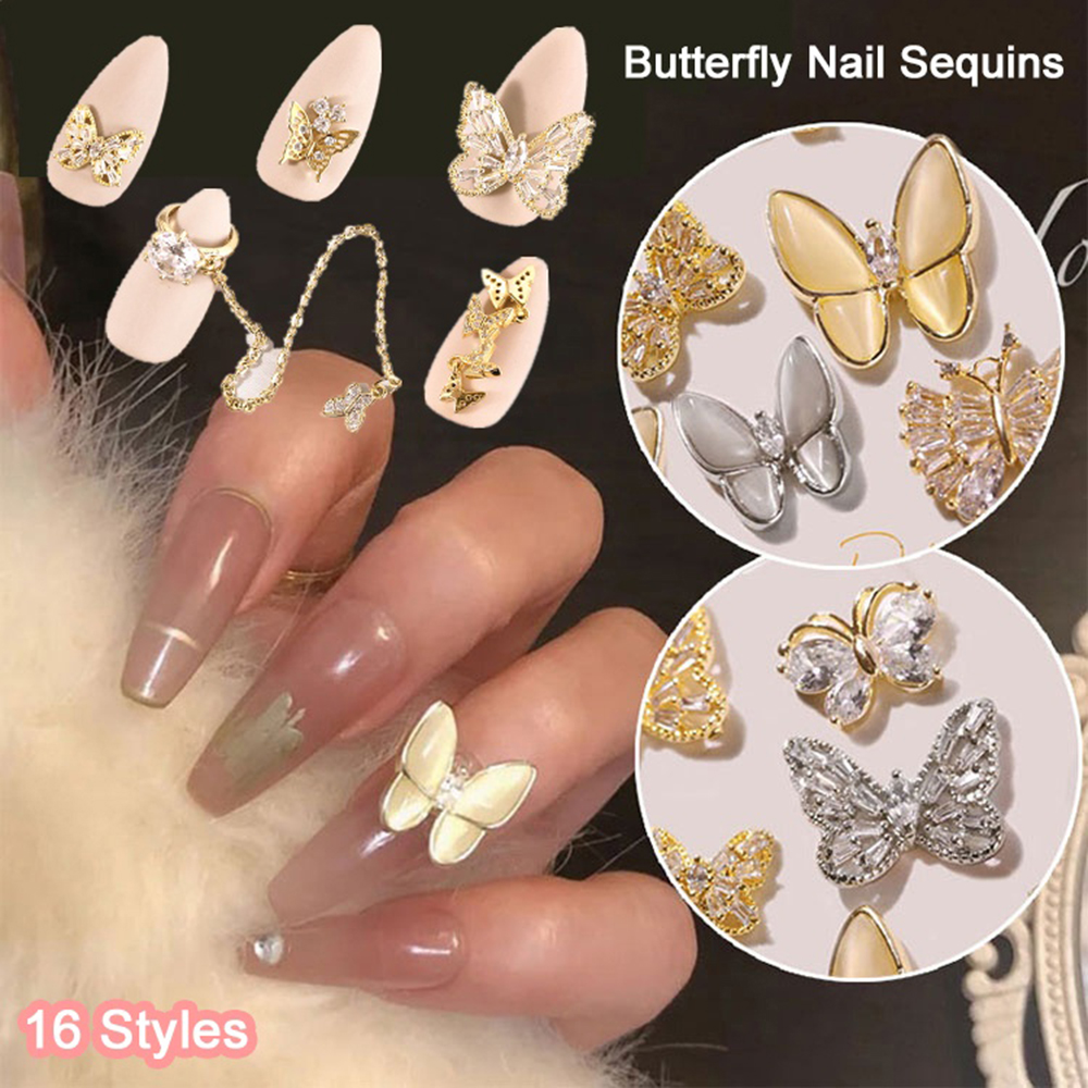 Mặt Trang Trí Móng Tay Hình Bướm Và Mắt Mèo Đính Đá Zircon 3D Sang Trọng
