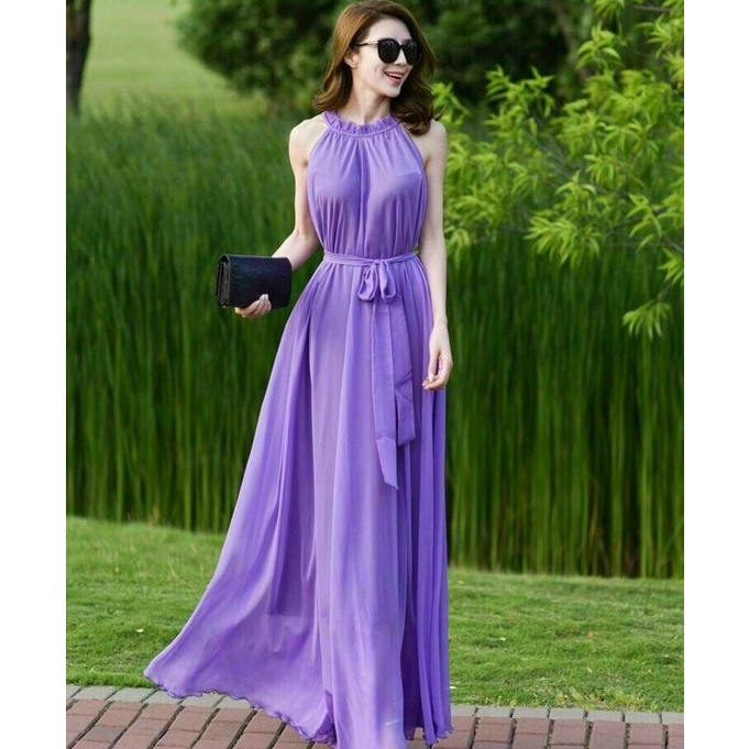 Đầm Maxi Cổ Yếm Xếp Ly Thiết Kế Dáng Dài Cột Nơ Eo Siêu Sang Chảnh Cho Nàng Dự Tiệc Đi Biển Thời Trang Váy Nữ Xm Minh Ph