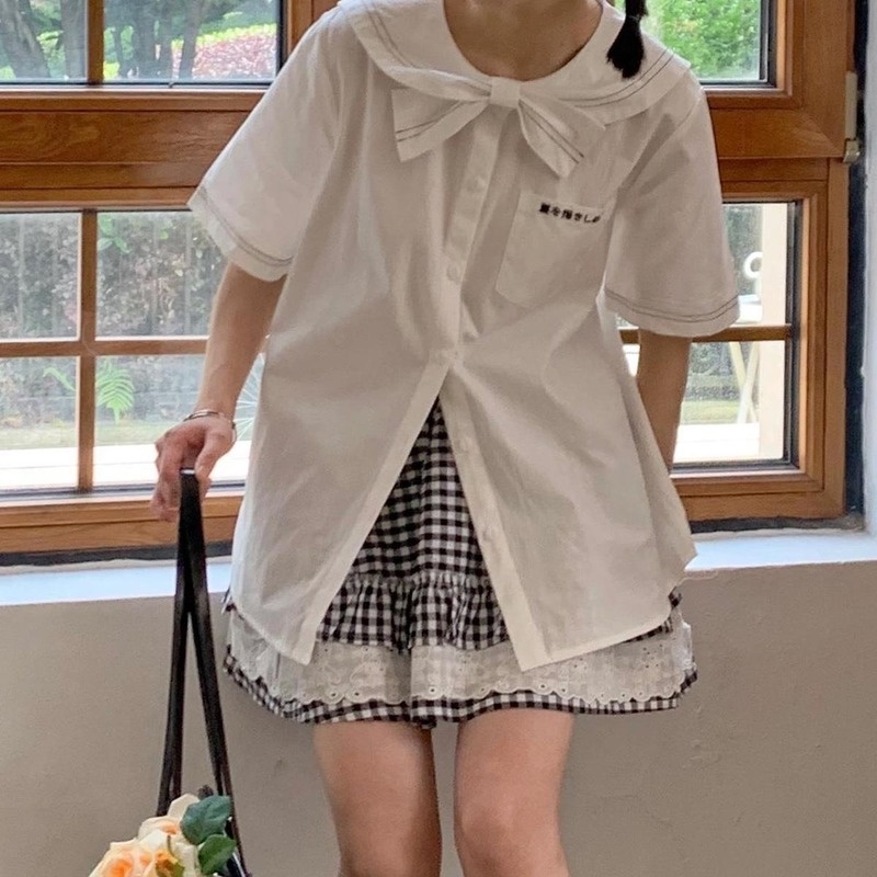 Áo Sơ Mi Trắng Tay Ngắn Cổ Thắt Nơ Dễ Thương Phong Cách Nhật Bản Thời Trang Cho Nữ