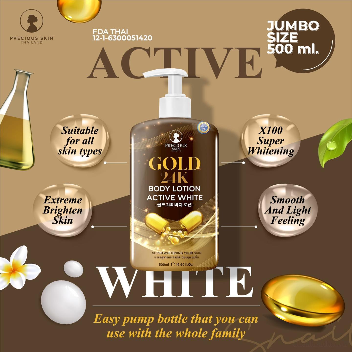Sữa dưỡng thể ƙích trắŉg da vàng Gold 24K Body Lotion Active White Thái Lan