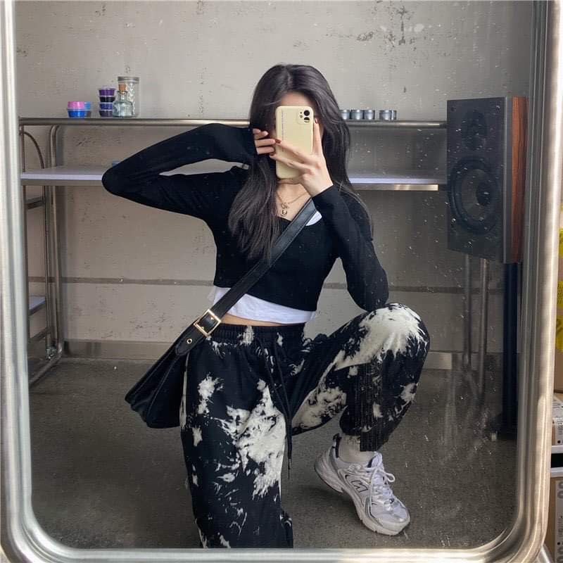 Quần Jogger Loang Đen Trắng Nam Nữ [Có Video Shopee Haul] Quần Dài Chất Nỉ Ống Rút Unisex