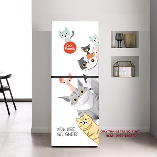 Miếng dán tủ lạnh siêu bền Gia đình mèo Kute chất liệu cao cấp