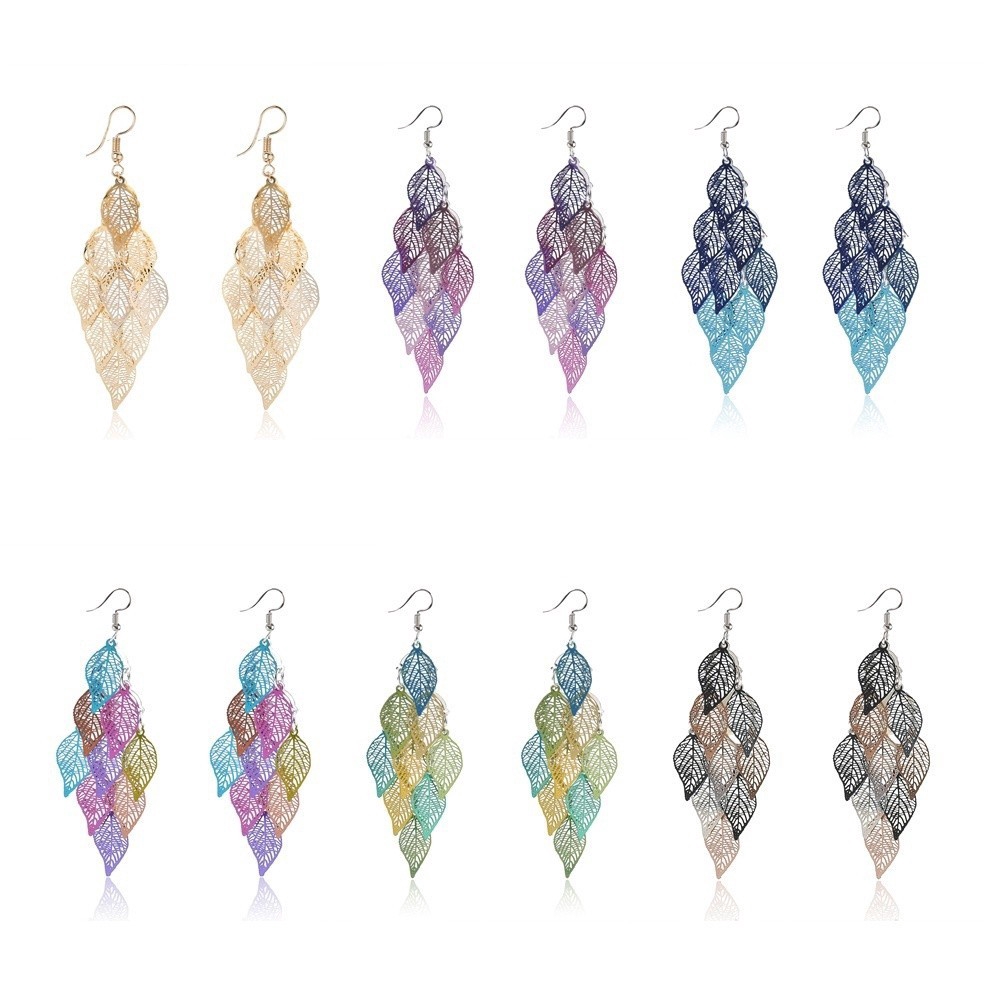 Hoa tai kiểu dáng dài phối họa tiết lá nhiều màu sắc đầy cổ điển