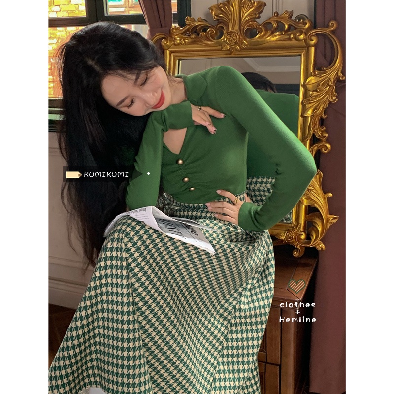 Set áo len dài tay + chân váy kẻ caro dáng dài nữ