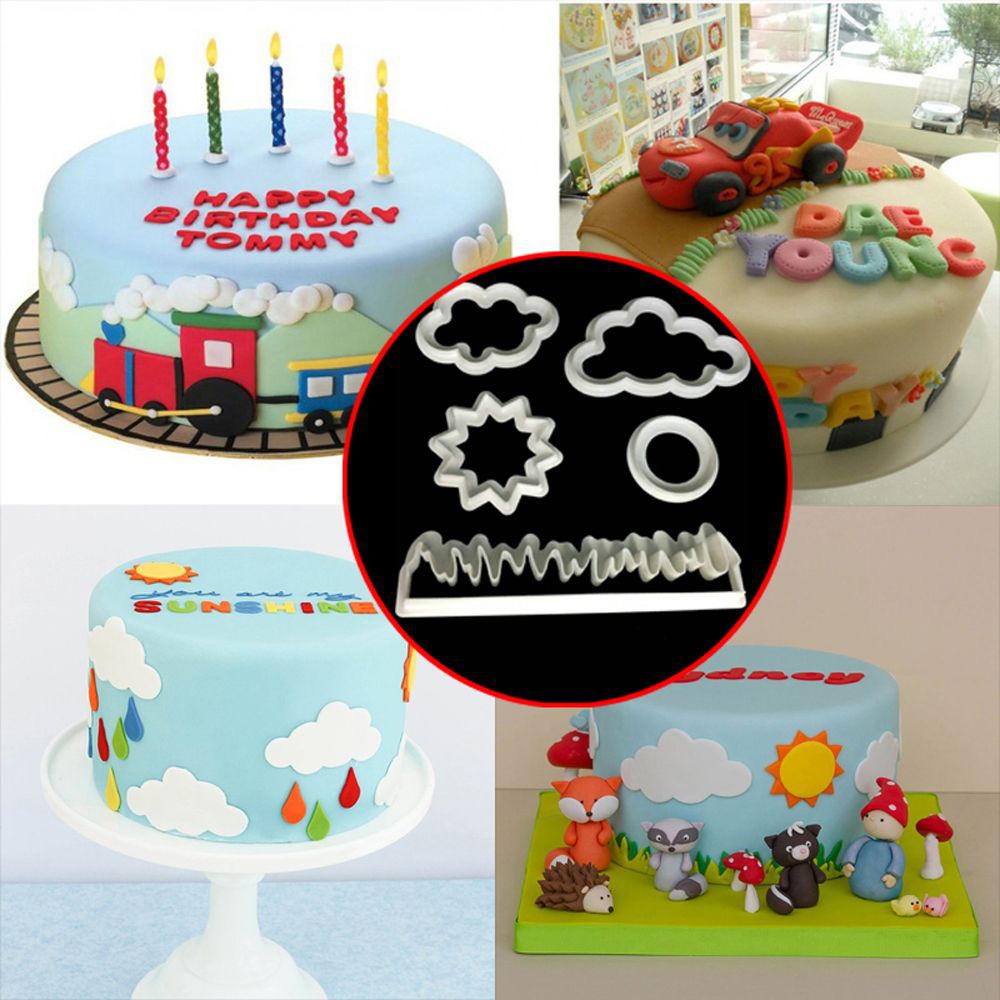 Set 5 khuôn nhấn tạo hình đám mây/cỏ/mặt trời trang trí bánh đáng yêu