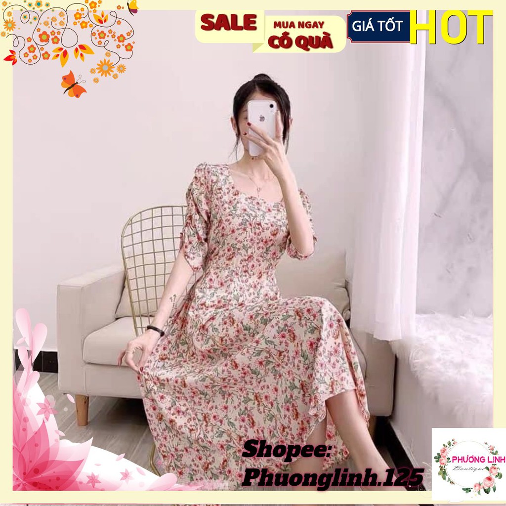 [Mã FAGREEN1505 giảm tới 30K đơn 99K] VÁY HOA HỒNG LÁ XANH CỔ VUÔNG TAY NHÚN CHO NỮ | BigBuy360 - bigbuy360.vn