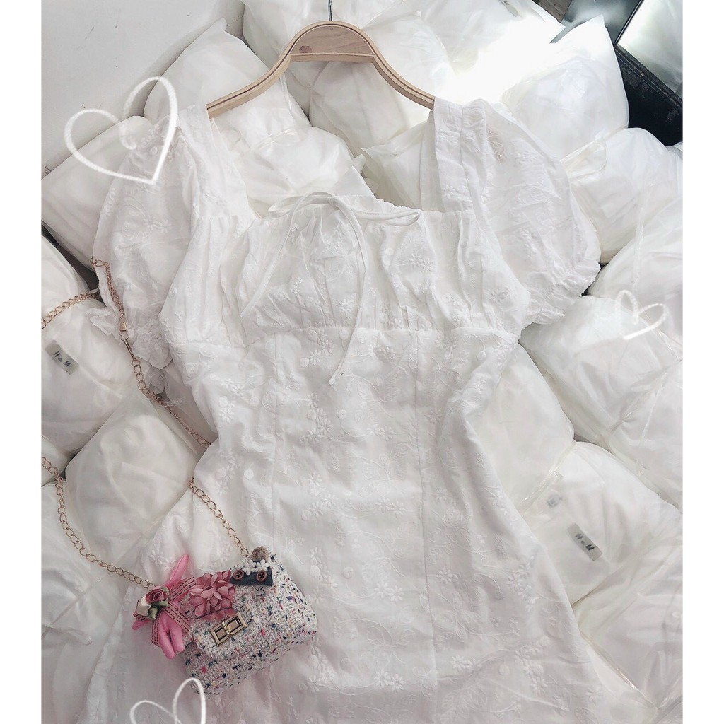 Đầm xô trắng chân bèo 📸📸Hình sàn em chụp thật💯💯, fom dưới 54kg mặc đẹp. Cân đối gọn gàng mặc bao xinh Chất vải xô hoa ló