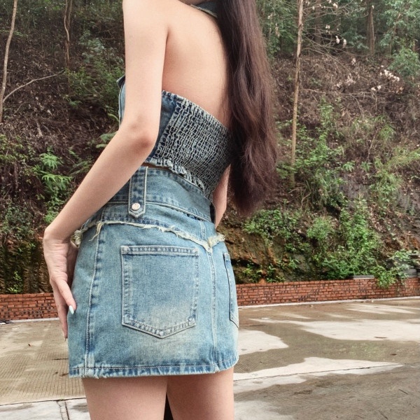 Bộ Áo Denim Không Tay Phối Chân Váy Denim Lưng Cao Thời Trang Mùa Hè Quyến Rũ Cho Nữ
