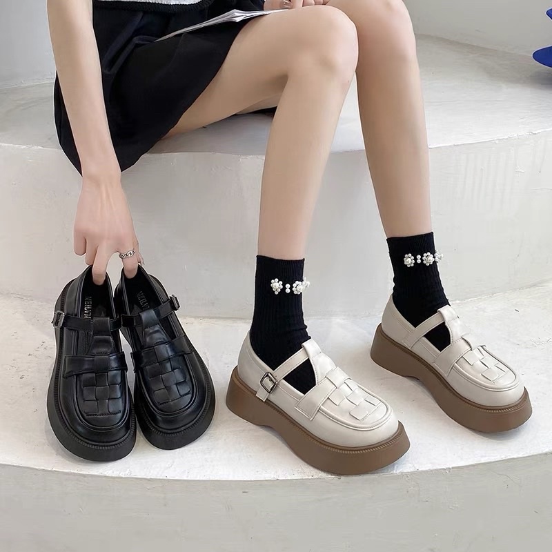 Giày oxford đế cao 4-5p, giày ulzzang đan dây mũi tròn phong cách hàn quốc