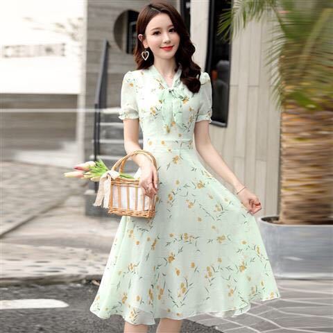 French Print Chiffon Dress bow tie tie skirt fashion short sleeve slim women's skirt