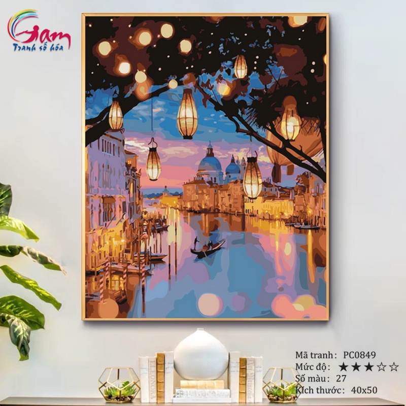 Tranh sơn dầu số hóa tự tô màu theo số Gam Phong Cảnh Đêm Đèn Lồng Venice căng sẵn khung 2,5cm size 40x50cm PC0849