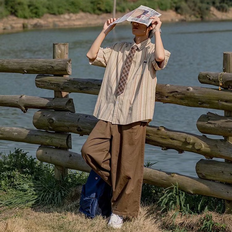 Áo Sơ Mi Tay Ngắn Họa Tiết Sọc Thời Trang Phong Cách Harajuku Cho Nam Size M-2XL