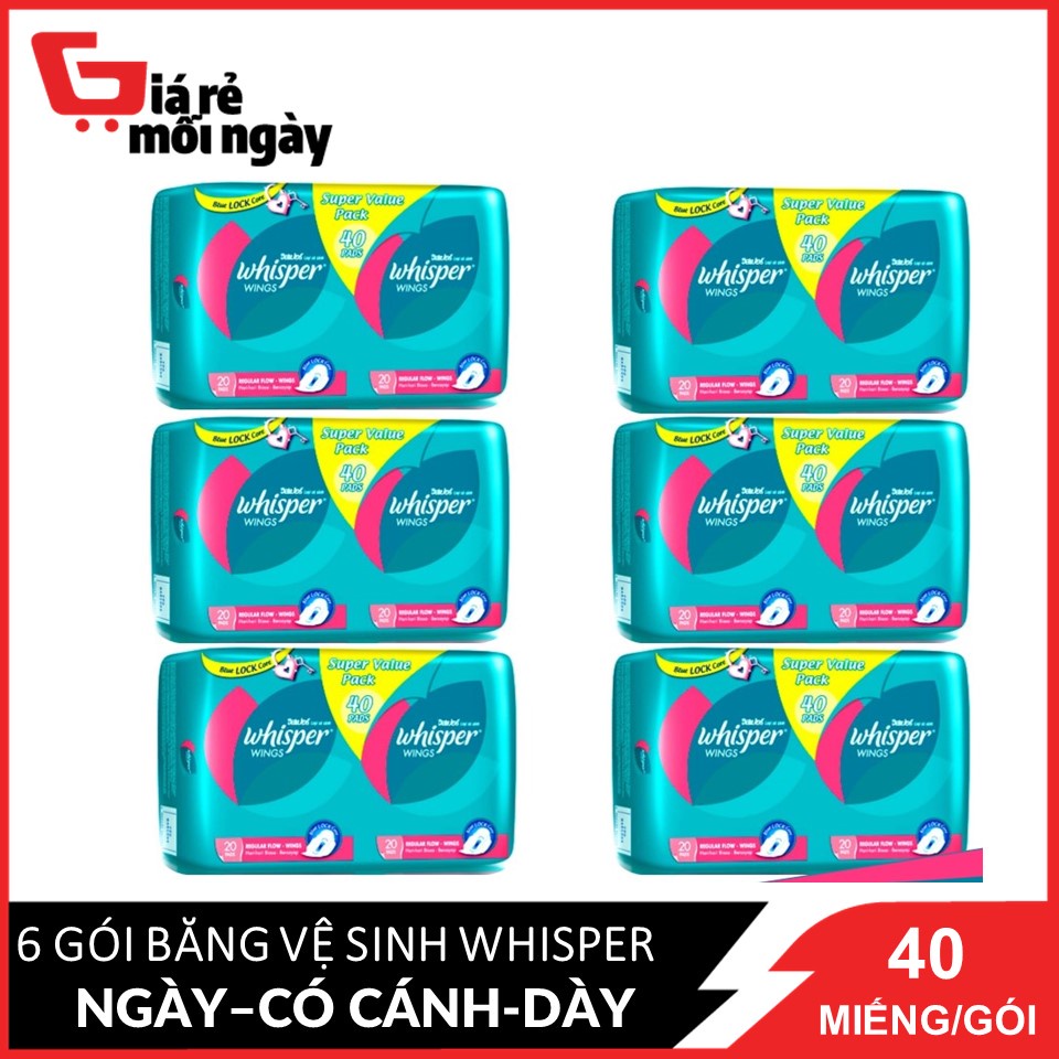 COMBO 6 gói băng vệ sinh Whisper Cánh dày ngày 40 miếng x6