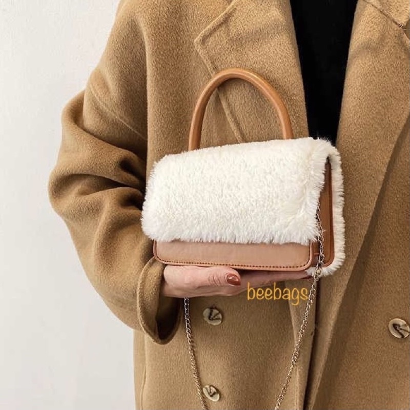 Túi Da Phối Lông Nữ Cầm Tay Dây Xích Sang Chảnh Phù Hợp Mọi Outfit | LC08 | Túi Nâu Kết Hợp Lông Sang Trọng Đi Chơi