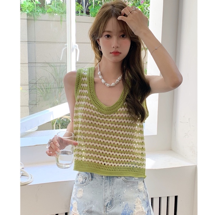 Porozi  Áo croptop sát nách  dệt kim kẻ sọc thời trang cho nữ 4 màu tự chọn