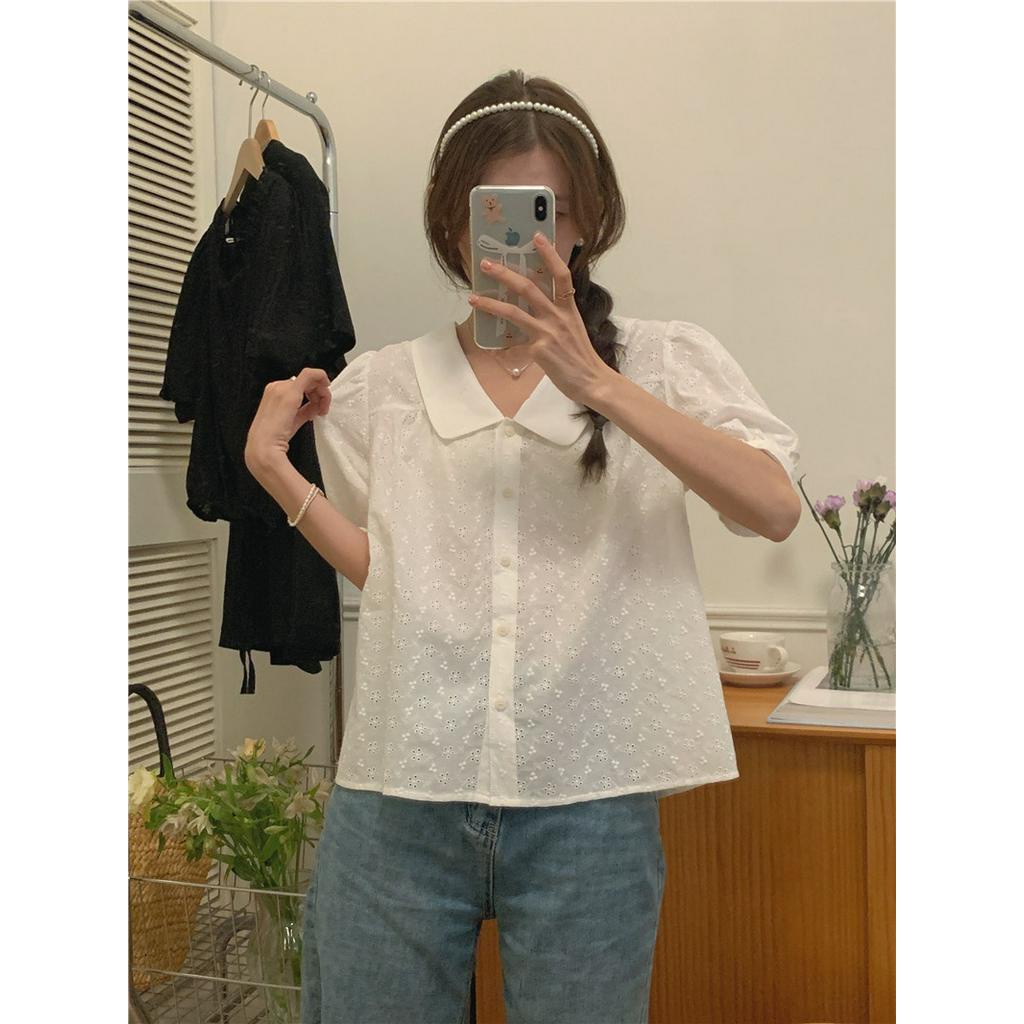 Áo Sơ Mi Trắng Tay Ngắn Cổ Peter Pan Thêu Họa Tiết Phong Cách Hàn Quốc 52112