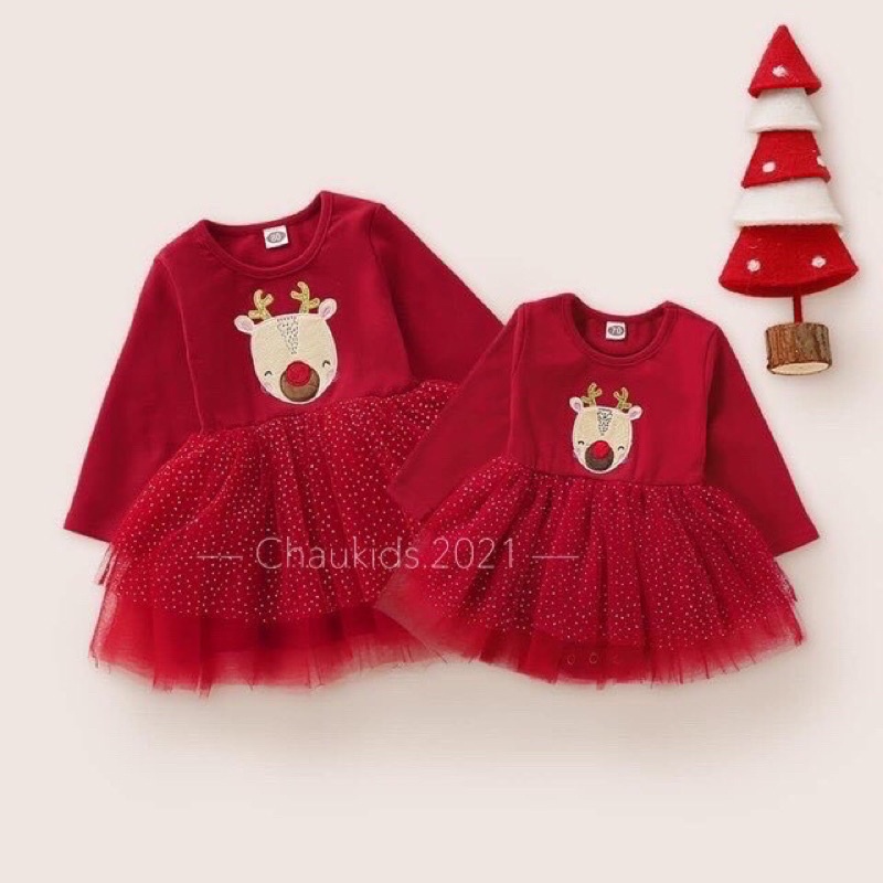 Váy Noel Công Chúa Cho Bé gái Chất Cotton phối bèo Thấm hút mồ hôi Cực Tốt