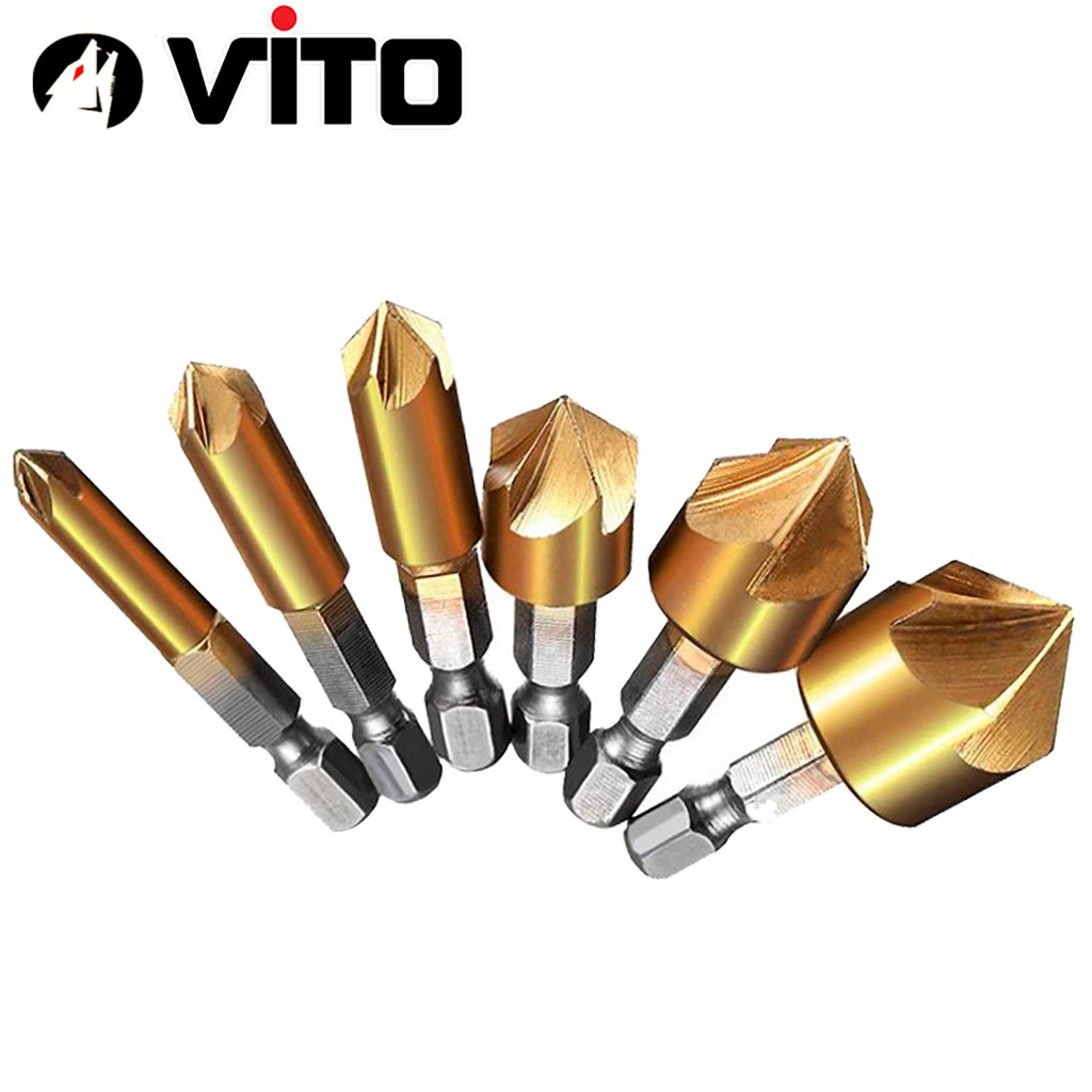 Bộ 6 Mũi Doa Âm Miệng Lỗ Bắt Âm Vít 5 Lưỡi Phay VITO Phủ Titanium 6-19mm Chuôi Lục Giác