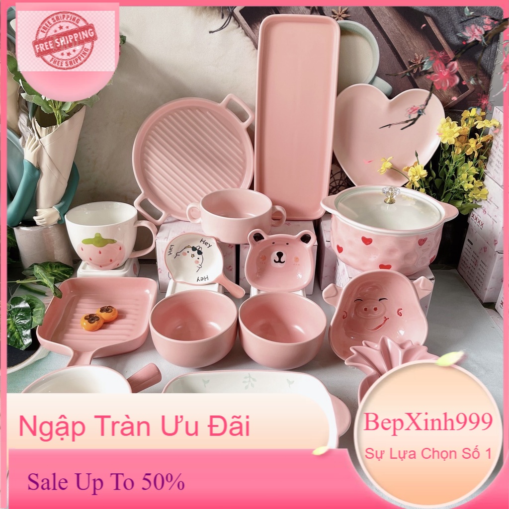 Chén Dĩa Dễ Thương Hồng Phấn  Đĩa Sứ Set Bát Đĩa Decor Bát Ăn Cơm Chén Sứ Đẹp  Cute B128