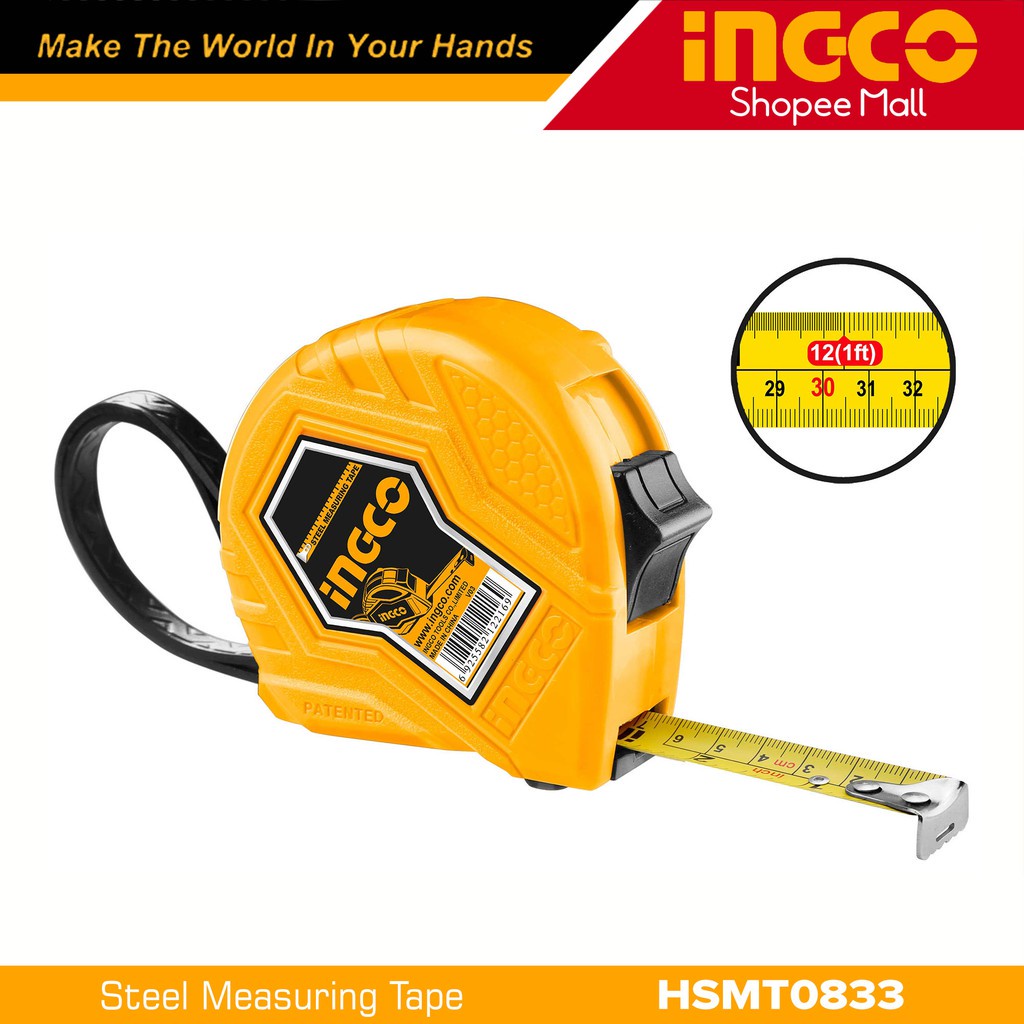 Thước cuộn thép nền vàng Ingco HSMT0833 Nút bật đôi Vỏ nhựa ABS