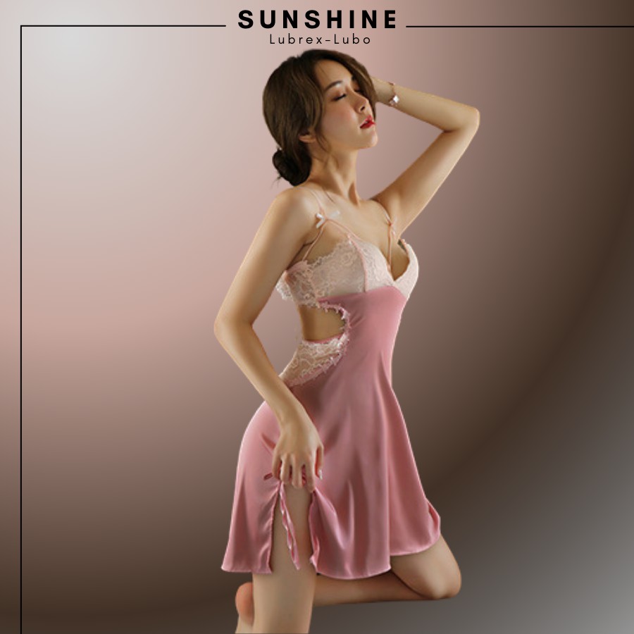 Váy Ngủ Lụa Phối Ren Mỏng Thiết Kế Dây Lưng Sexy Gợi Cảm Nhiều Màu Sunshine Lubrexlubo VL1050