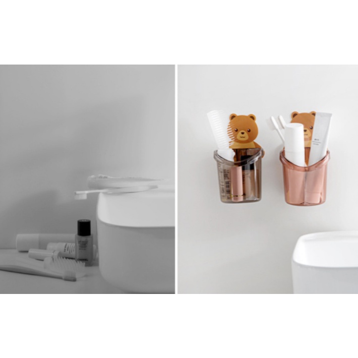 Ly cốc nhựa hình gấu dán tường nhà tắm dễ thương để bàn chải siêu dính có lỗ thoát nước bằng nhựa cao cấp