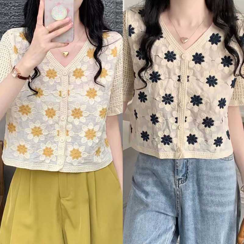 Áo Cardigan Dệt Kim Tay Ngắn Cổ Chữ V Cài Nút Họa Tiết Hoa Cúc Xinh Xắn Cho Nữ