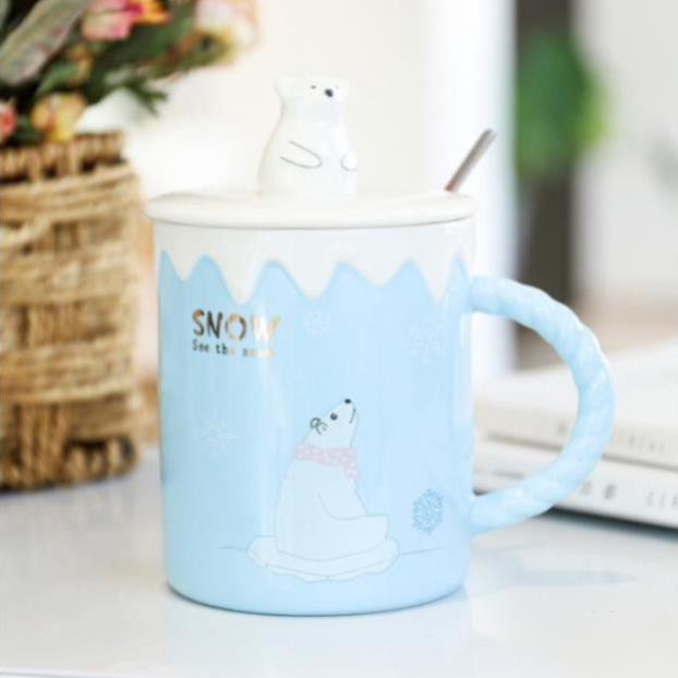 Ly Cốc Sứ 400ML Hình Gấu Trắng Nắp Nổi - Ly Cốc Văn Phòng, Học Sinh, Quà Tặng Bạn Bè cao cấp