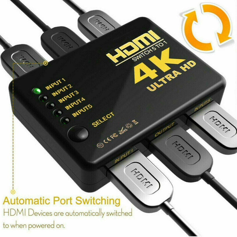 Bộ chuyển đổi Switch HDMI 4k hỗ trợ từ 5x1 hỗ trợ 5 ngõ vào như DVD, Android box, PC và 1 ngõ ra cổng HDMI xuất LCD tivi
