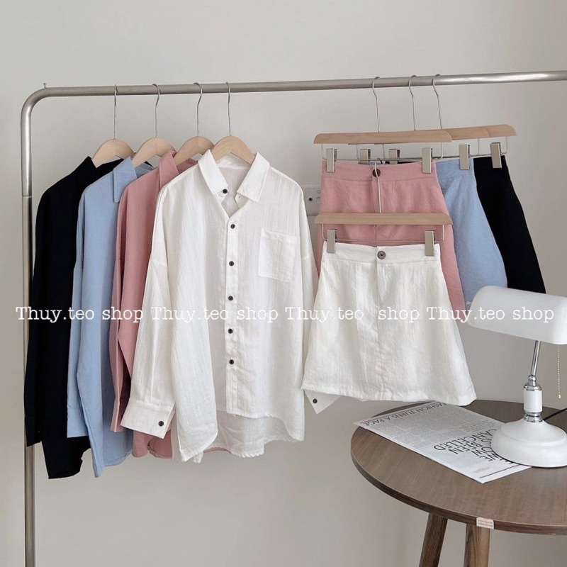 [Hàng sẵn] SET ĐŨI ÁO SƠ MI DÀI TAY CHÂN VÁY CHỮ A CẠP CHUN SAU