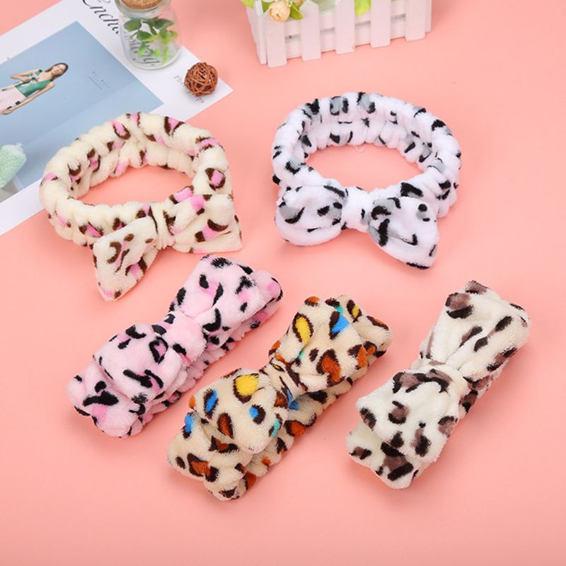 Băng đô vải bông dày bản rộng co giãn in họa tiết da báo phối nơ màu tương phản dễ thương cho nữ