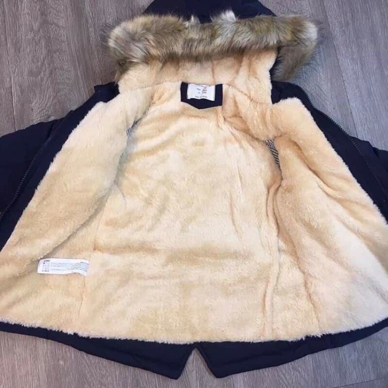 Áo parka lót lông chuẩn Quảng Châu có mũ lông cho bé trai bé gái, áo khoác mùa đông lót lông cừu cực ấm