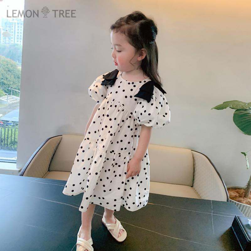 Girls' Dress Little Girl Korean Polka Dot Skirt Bow Children's Bubble Sleeve Short Sleeve Princess Skirt