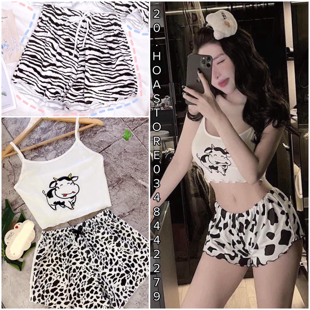 Bộ Ngủ 2 Dây Bò Sữa  Quần Short - Set Áo Hai Dây Trâu Cute Mix Quần Đùi Báo Đốm Ngựa Vằn Bò Sữa