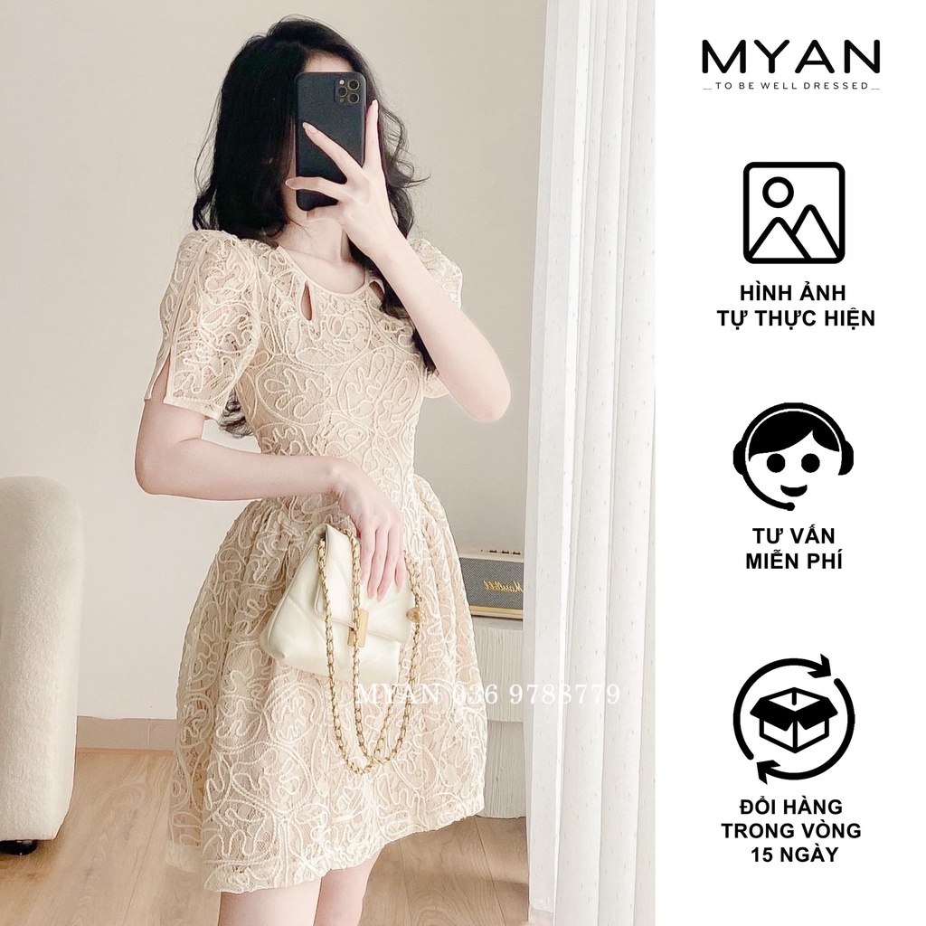 Váy Ren Thiết Kế Chiết Eo Họa Tiết Nổi - Đầm Cổ Tròn Cut-Out Giọt Lệ Tay Bồng MYAN - Vvn082203