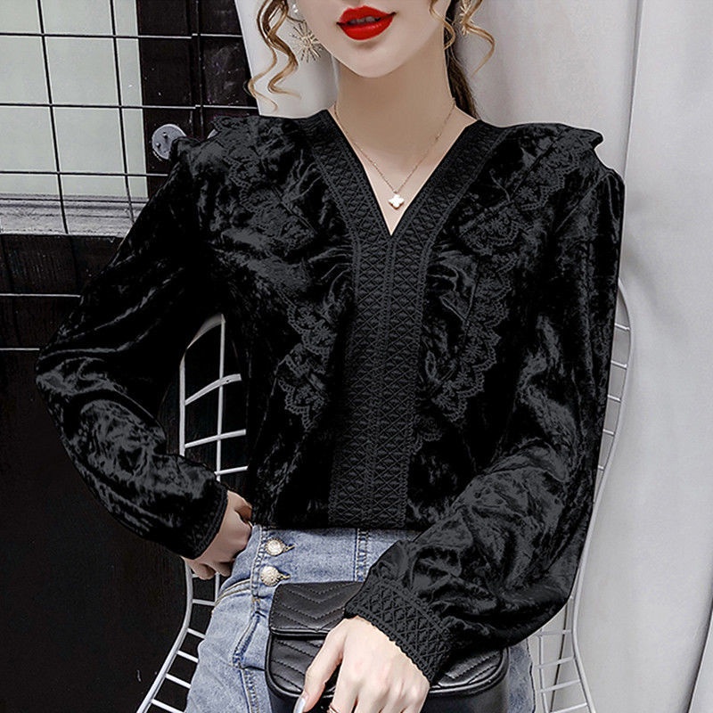 Áo nhung phối ren cổ chữ V phong cách retro Hàn Quốc thoải mái thời trang thu đông cho nữ 2021